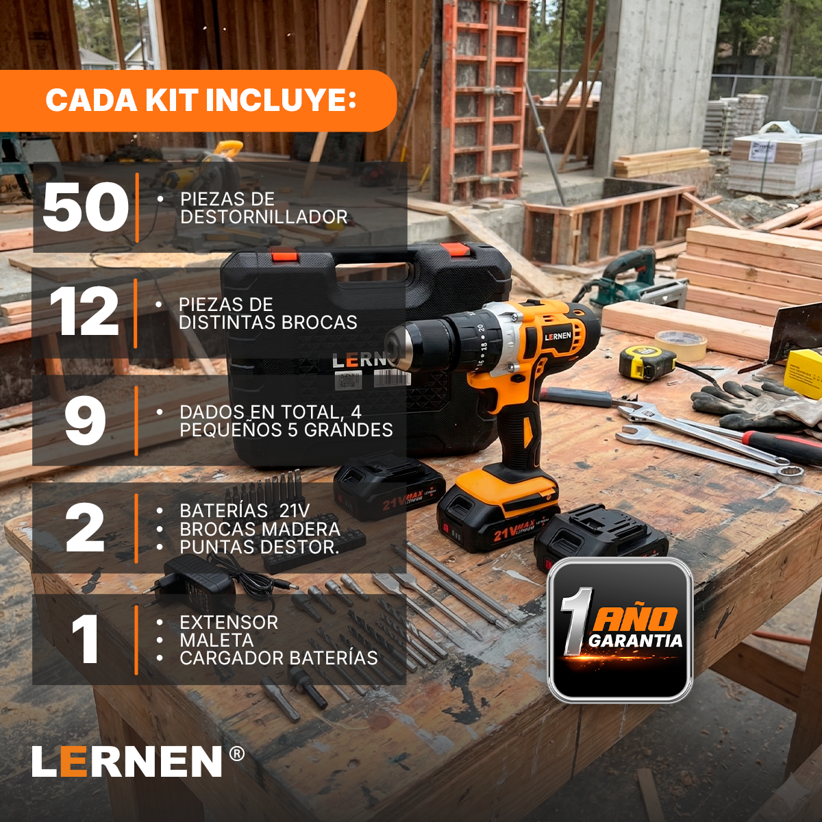 Taladro Percutor Pro Inalámbrico LERNEN 21V + 2 Baterías + Acc