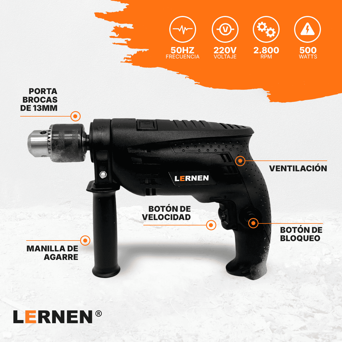 Taladro Percutor Eléctrico 13mm LERNEN + Accesorios