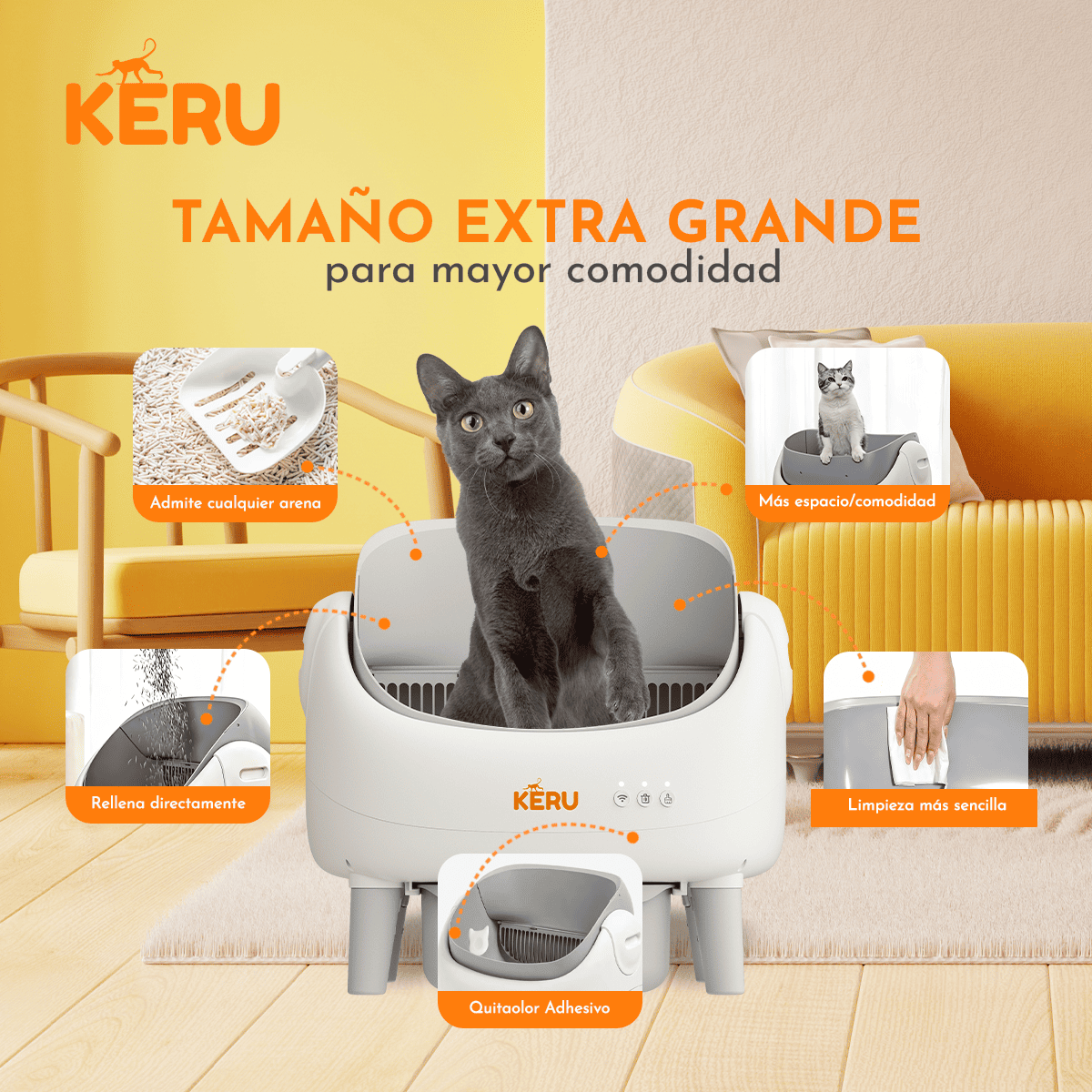 Arenero Inteligente Automático KERU ABIERTO para Gatos con App WiFi XXL 76 Lt