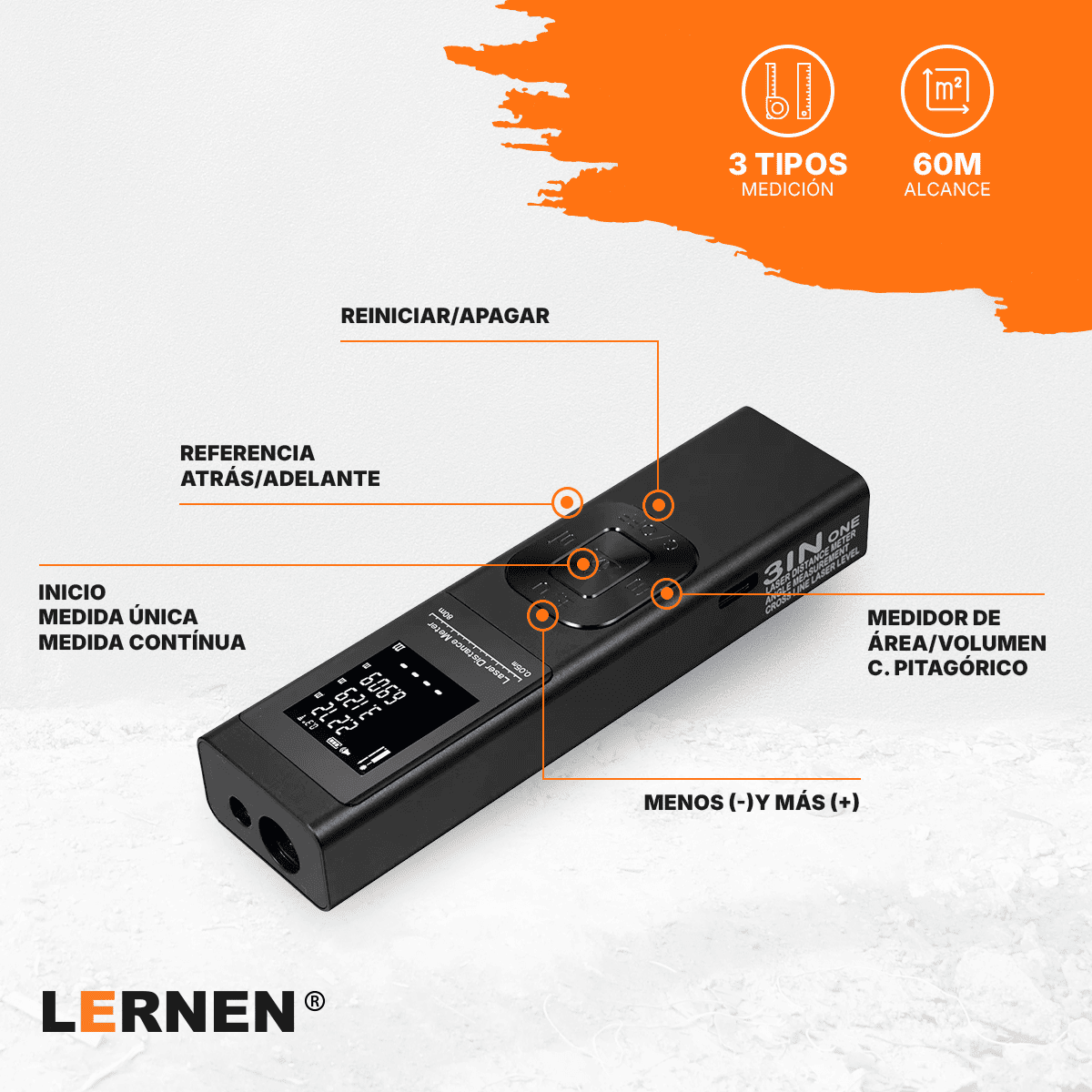 Medidor Láser Multifunción 60M 3 en 1 Lernen