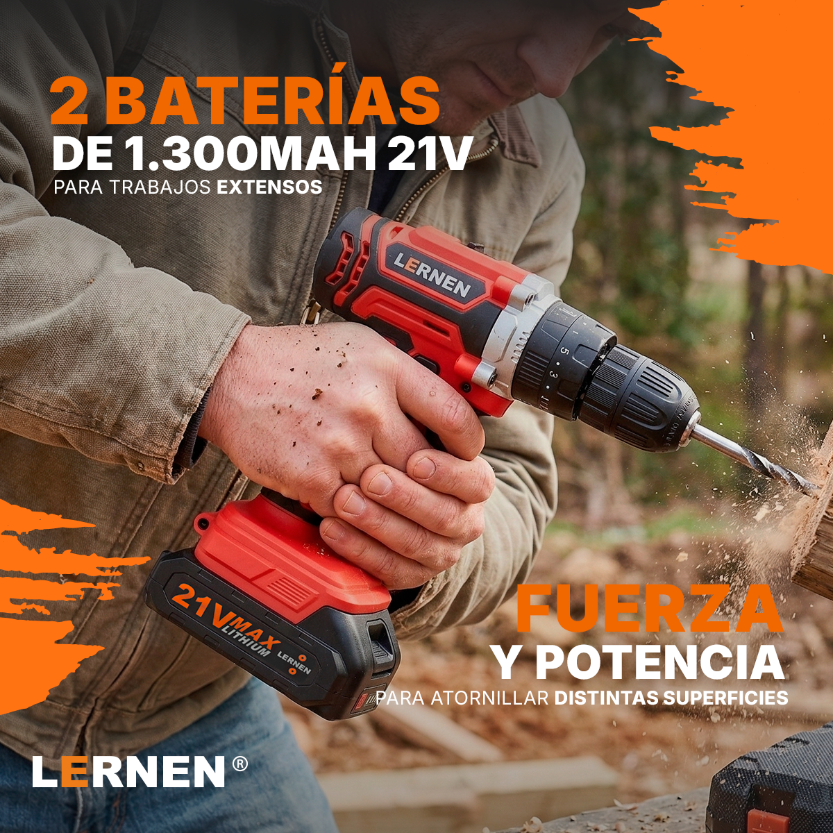 Taladro Percutor Inalámbrico LERNEN 21V + 2 Baterías + Acc