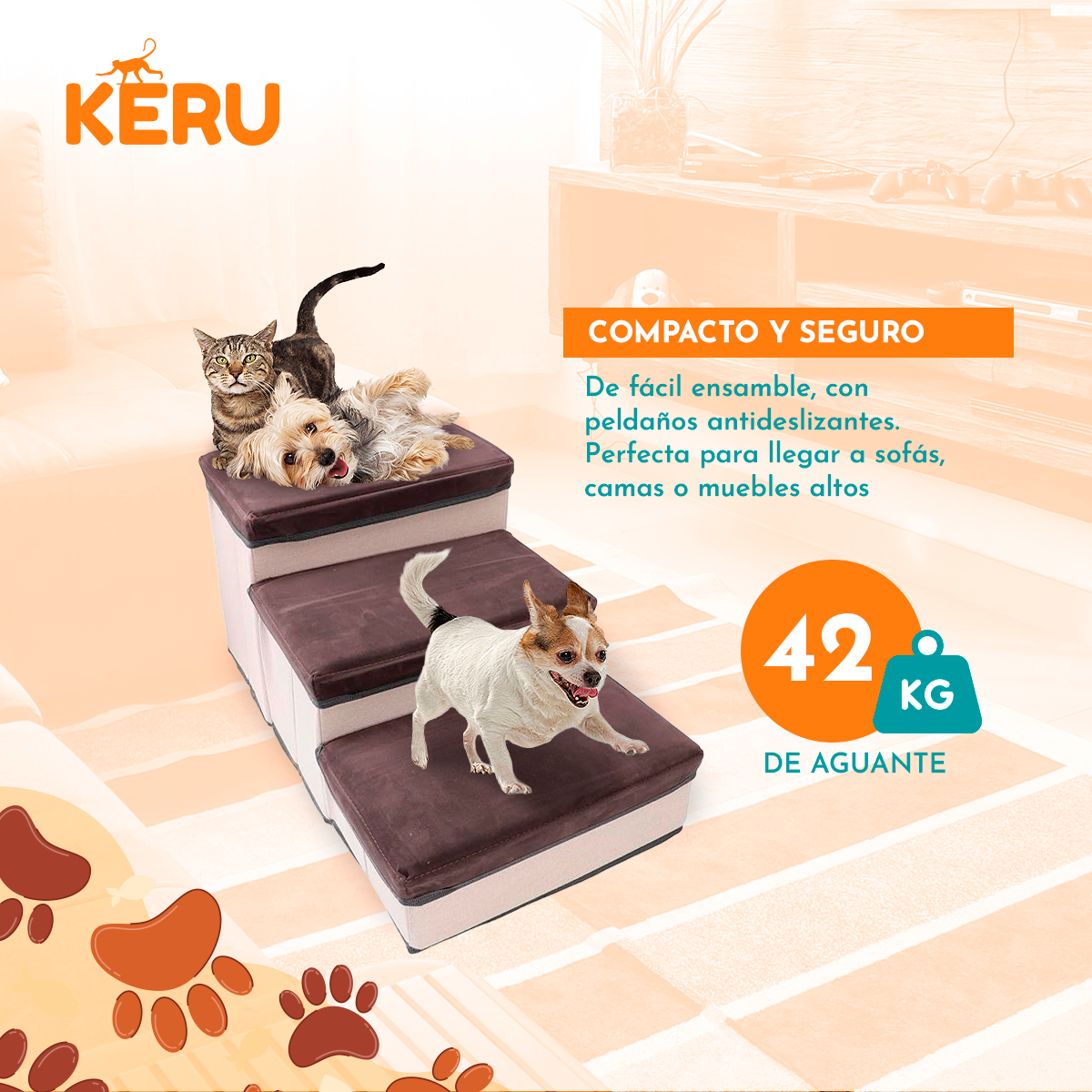 Escalera Para Perros Y Gatos Con Estantes Guardadores Gris