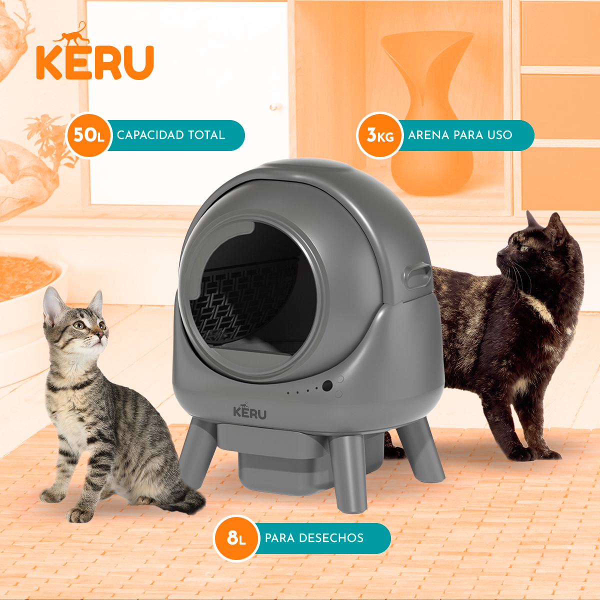 Arenero Inteligente Automático KERU EC Para Gatos Con App Y Conexión Wifi Keru