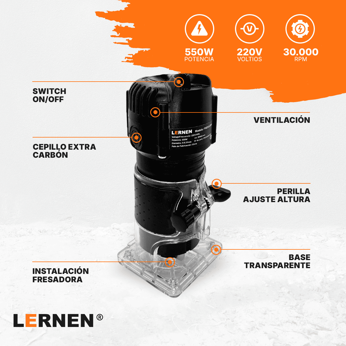 Fresadora Router Tupi 6-6.35mm LERNEN- 220v 50hz - 550w + 18 Fresas Lernen