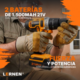 Taladro Percutor Pro Inalámbrico LERNEN 21V + 2 Baterías + Acc