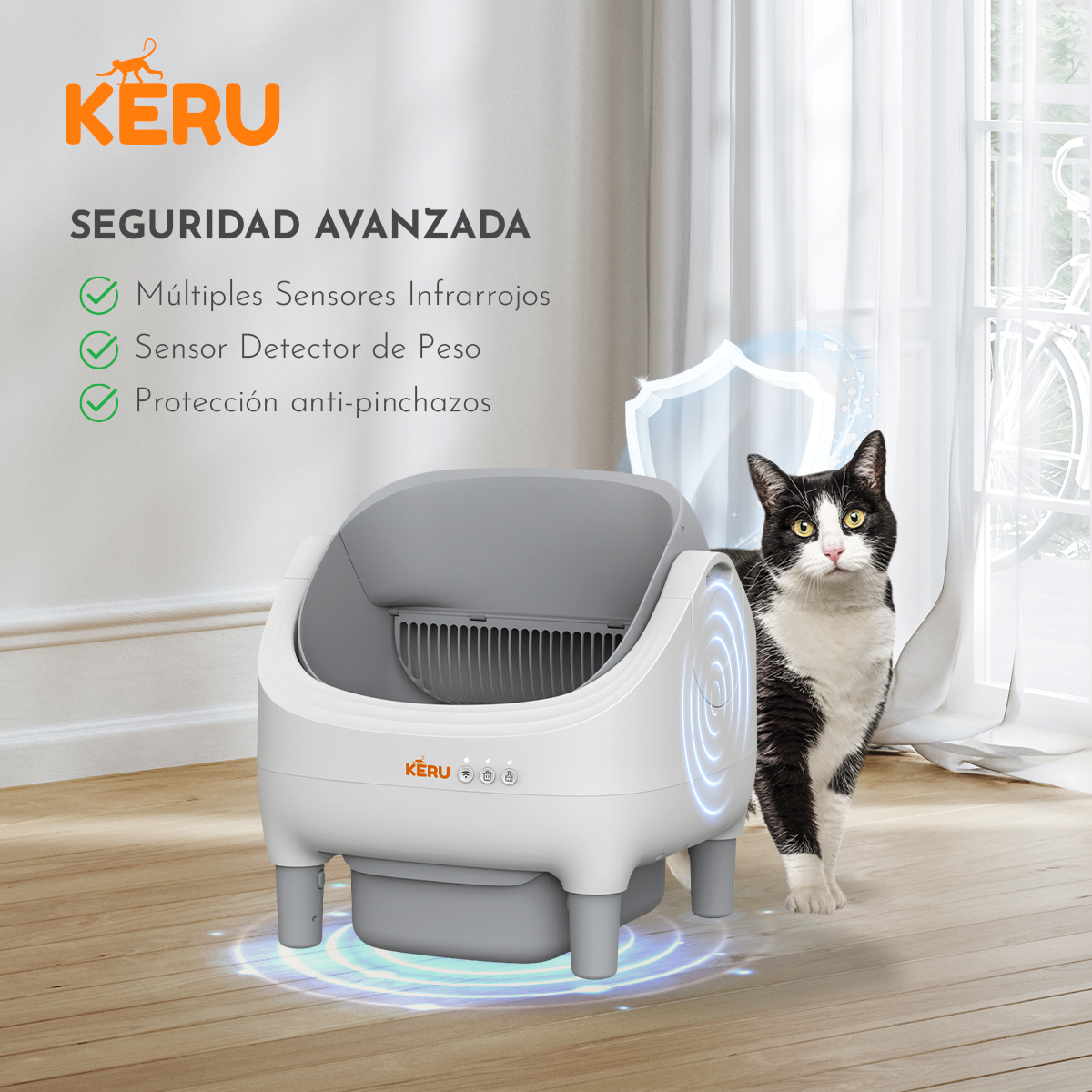 Arenero Inteligente Automático KERU ABIERTO para Gatos con App WiFi XXL 76 Lt