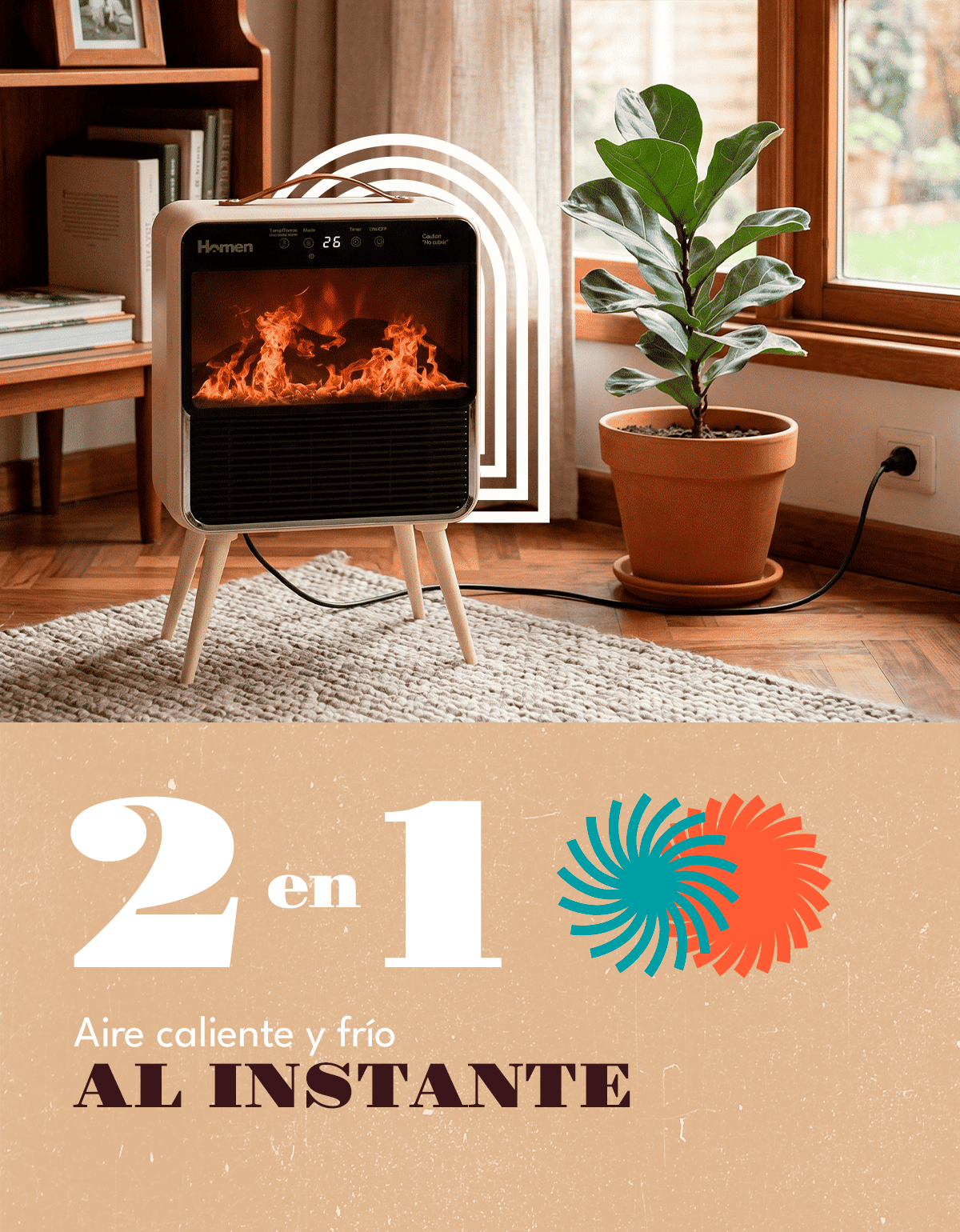 Estufa Calefactor Eléctrico Homen Retro Chimenea 1800W con Efecto Llama