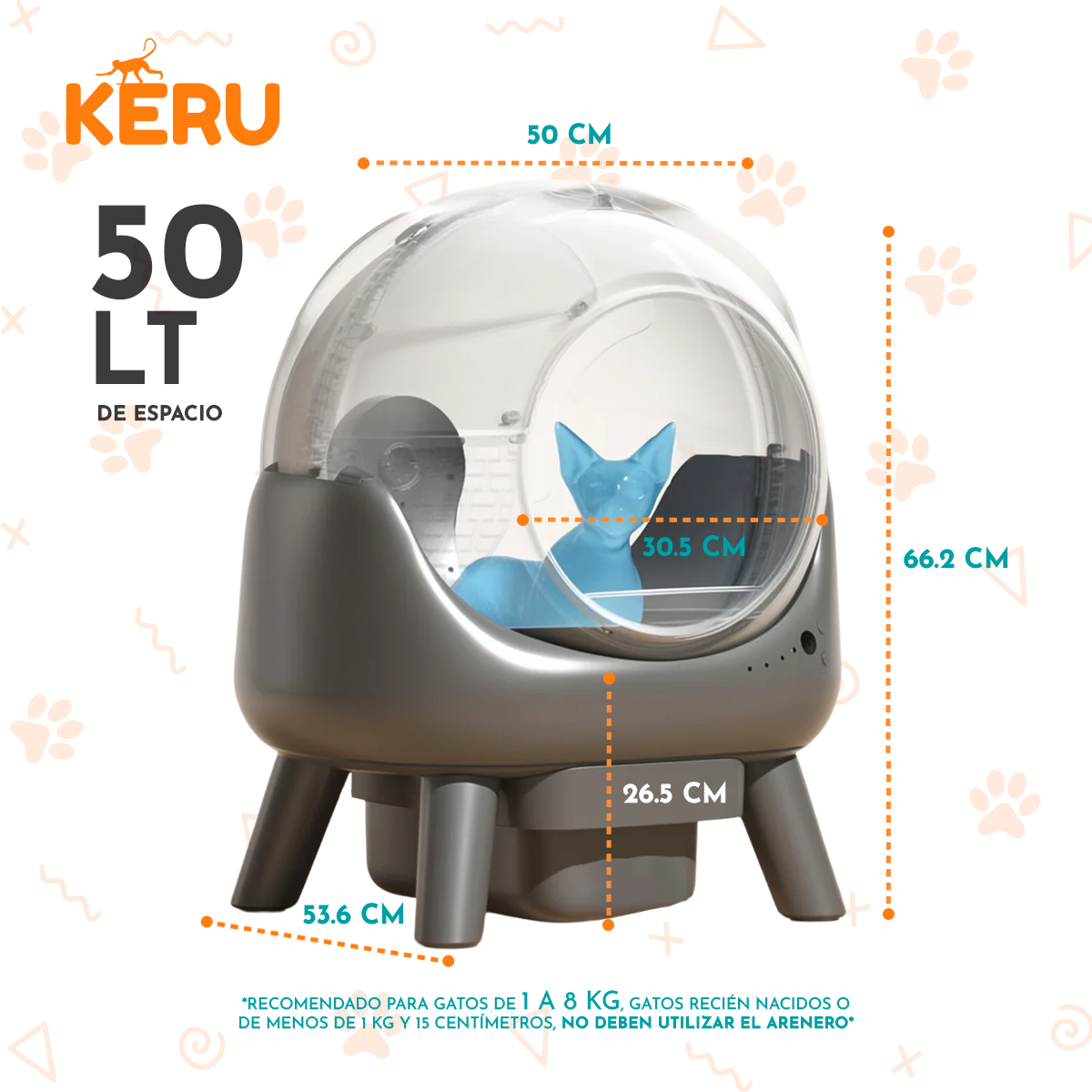 Arenero Inteligente Automático KERU EC Para Gatos Con App Y Conexión Wifi - Autolimpiante Keru 50 LT