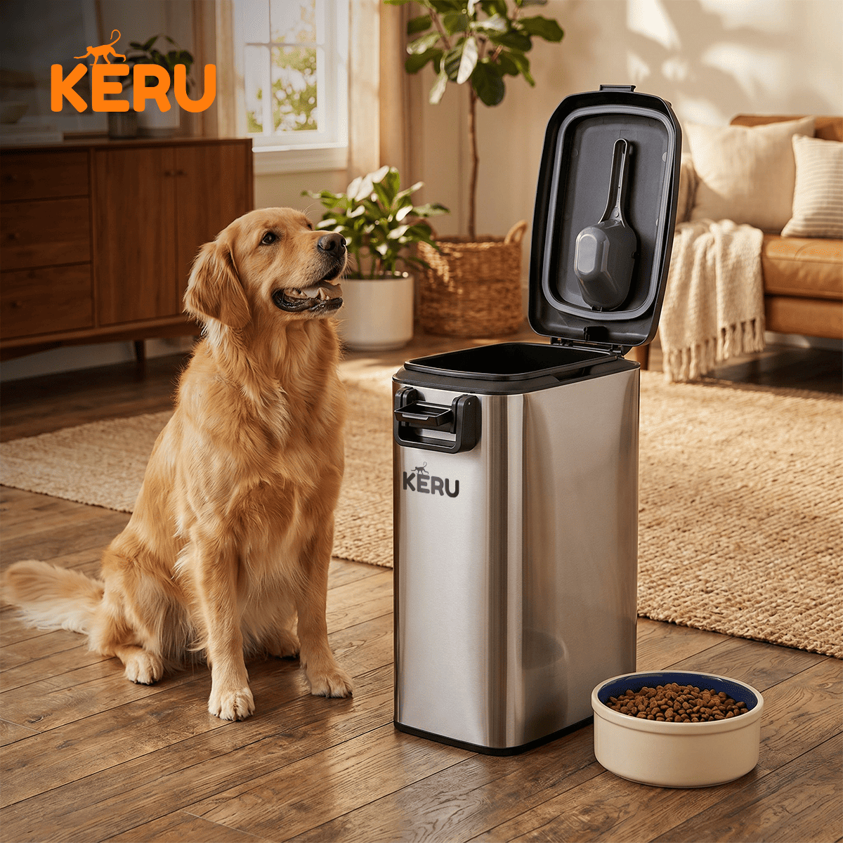 Contenedor Hermético para Alimento de Mascotas KERU 15 Litros Acero Inoxidable
