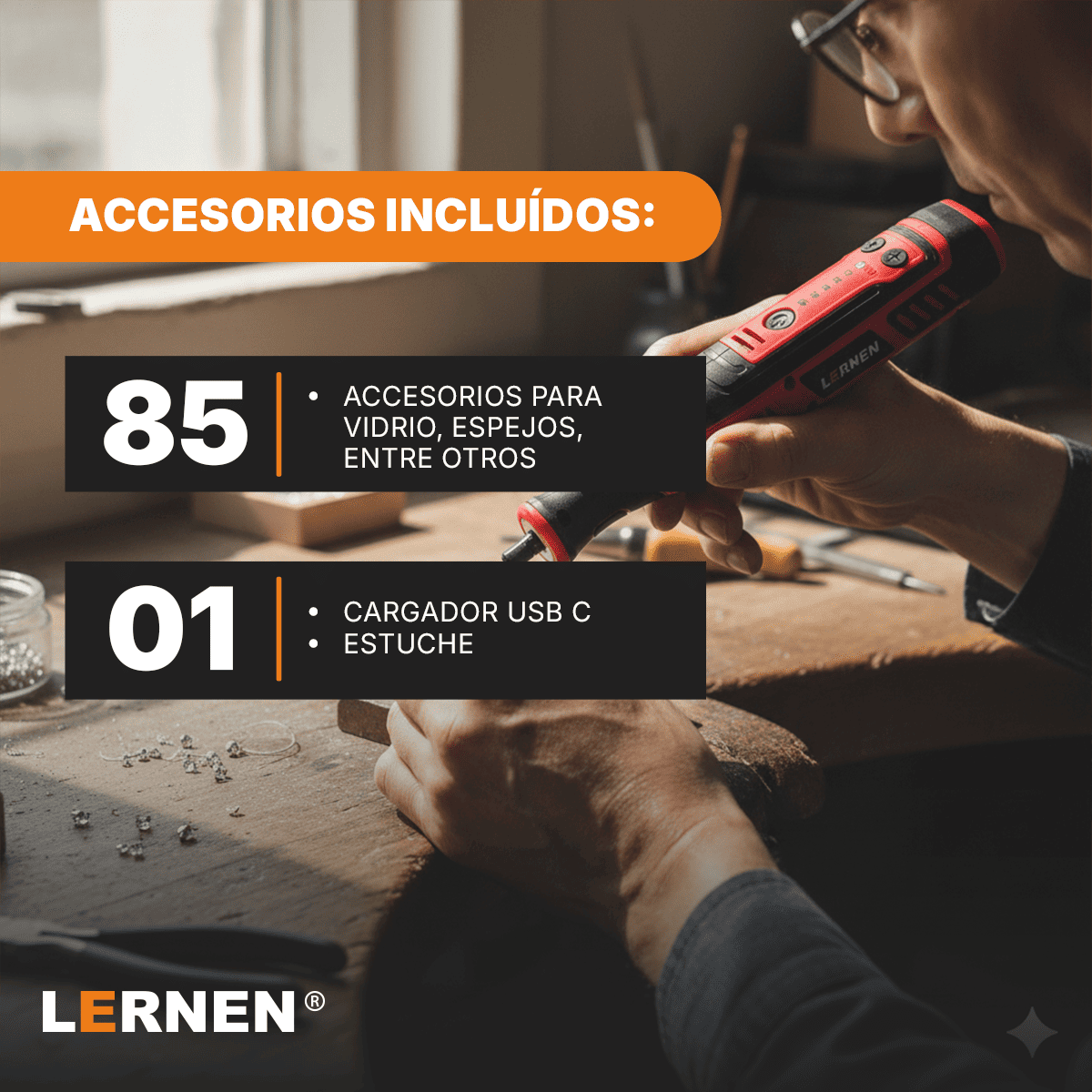 Herramienta Grabado Multipropósito Inalámbrico LERNEN + 85 Accesorios. Lernen