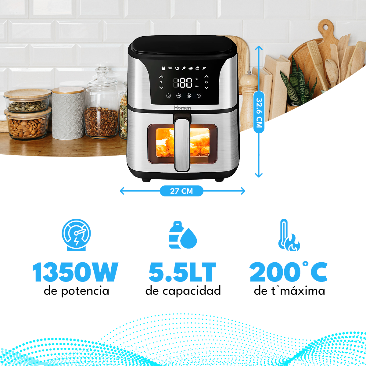 Freidora de Aire 5.5 Litros 1350W Homen con Panel Touch — Mayor capacidad y control