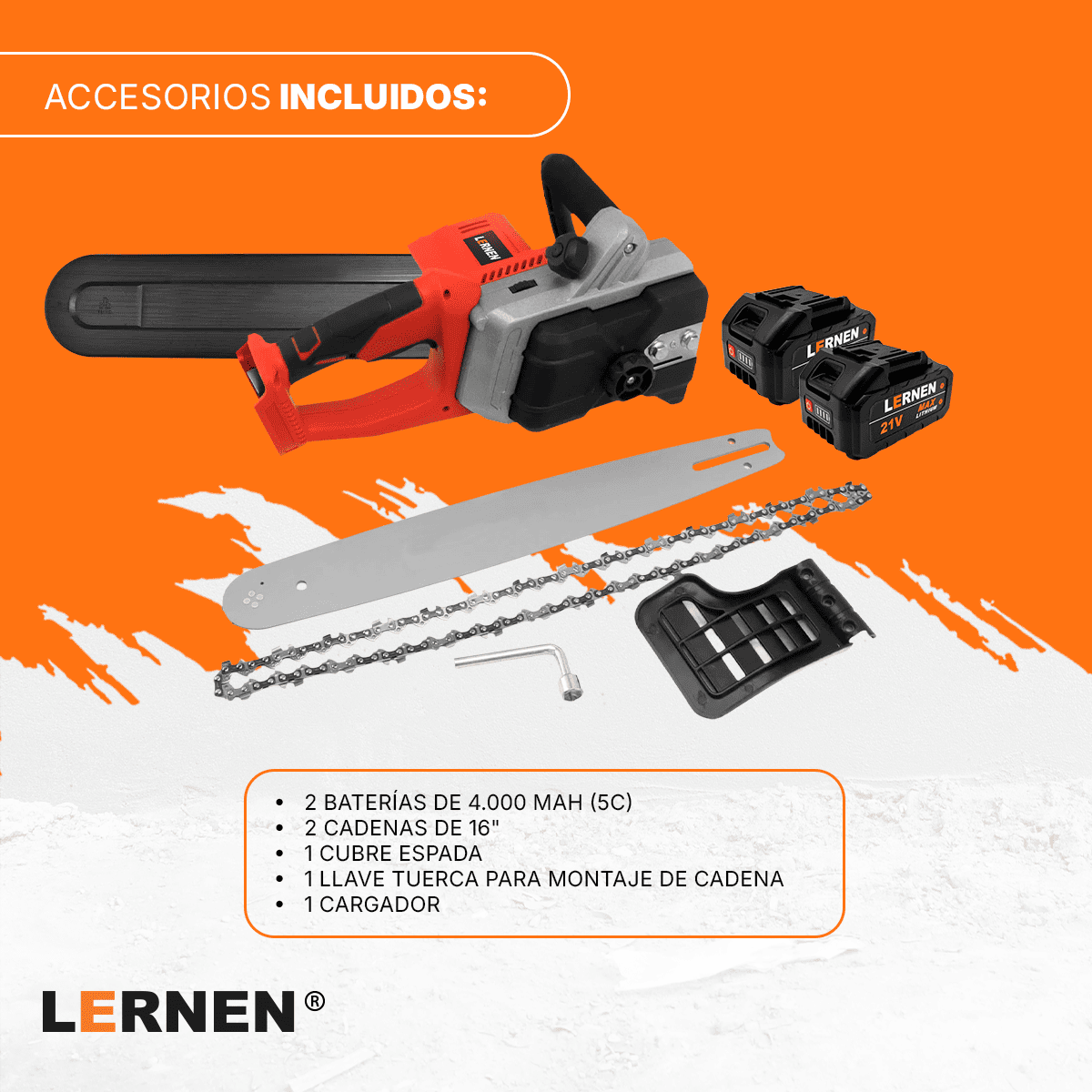 Motosierra Podadora Inalámbrica 16'' + 2 Baterías + Cadenas Lernen