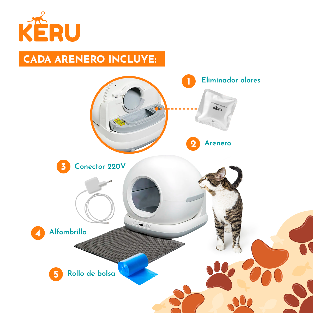 Arenero Inteligente Automático WiFi para Gatos con App - Autolimpiante Keru