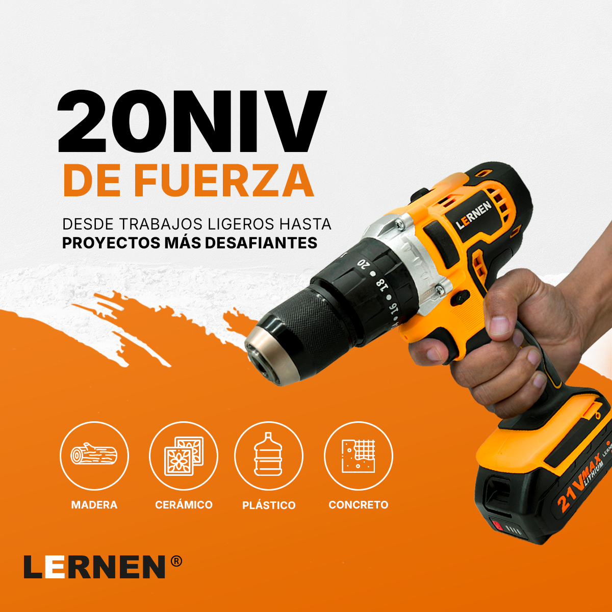 Taladro Percutor Pro Inalámbrico LERNEN 21V + 2 Baterías + Acc