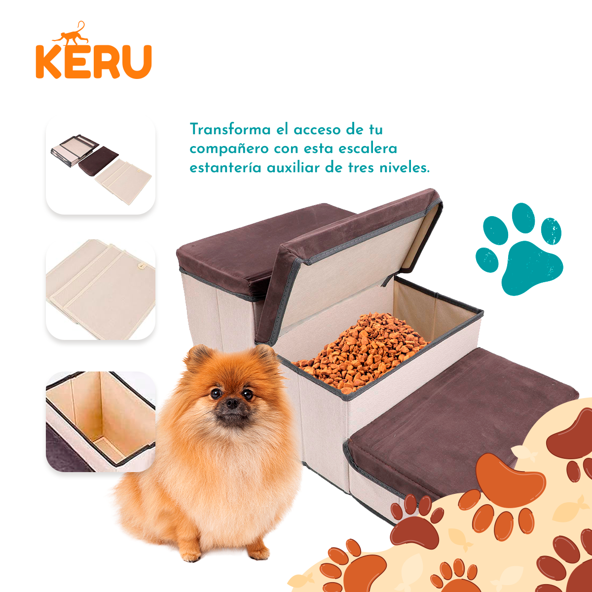 Escalera Para Perros Y Gatos Con Estantes Guardadores Gris