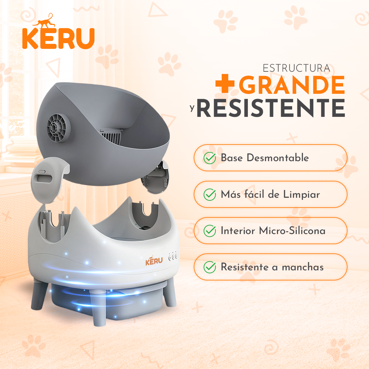 Arenero Inteligente Automático KERU ABIERTO para Gatos con App WiFi XXL 76 Lt