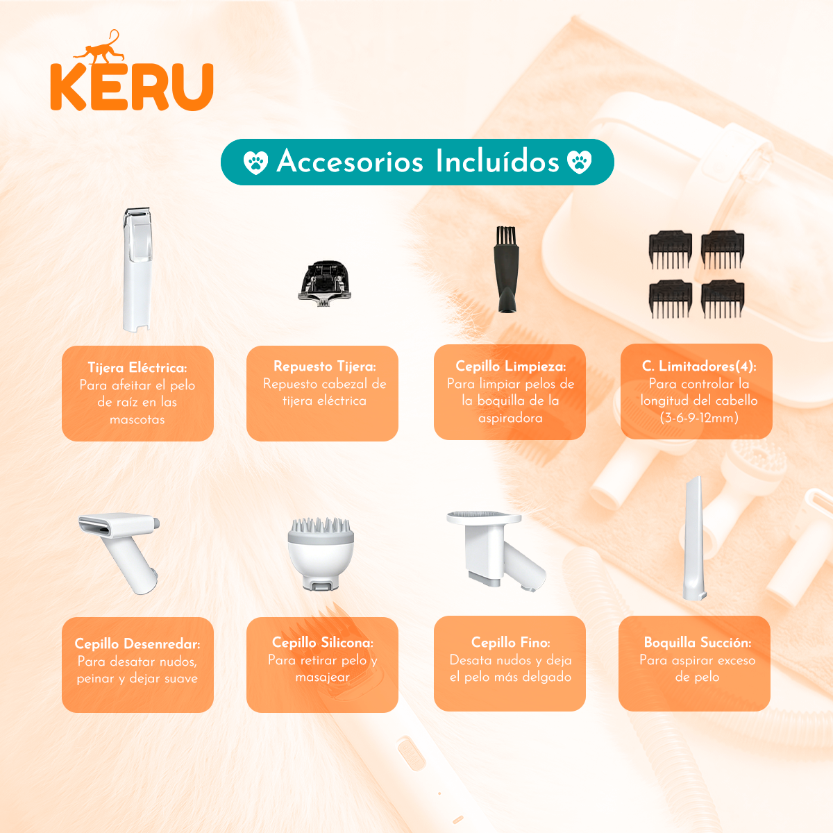 Kit Cortadora y Aspiradora de Pelos 8 en 1 para Perros y Gatos