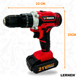 Taladro Percutor Destornillador Inalámbrico 21v LERNEN + 2 baterías + Acc + Maleta