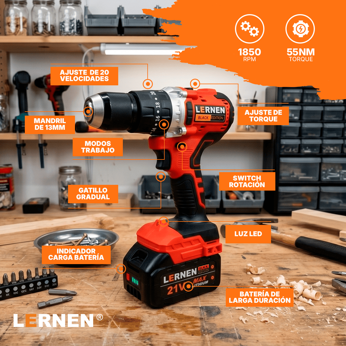 Taladro Percutor Black Edition Brushless LERNEN + Baterías + Bolso + Accesorios