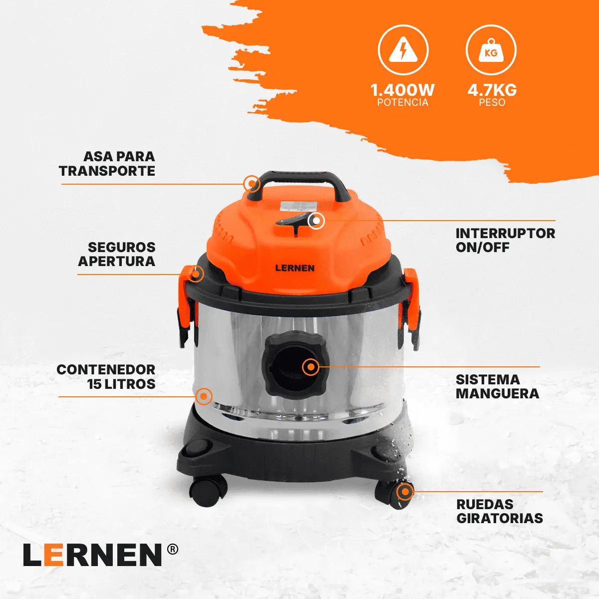 Aspiradora LERNEN Multifunción Metálica Polvo Agua 15 Litros 1400w Lernen