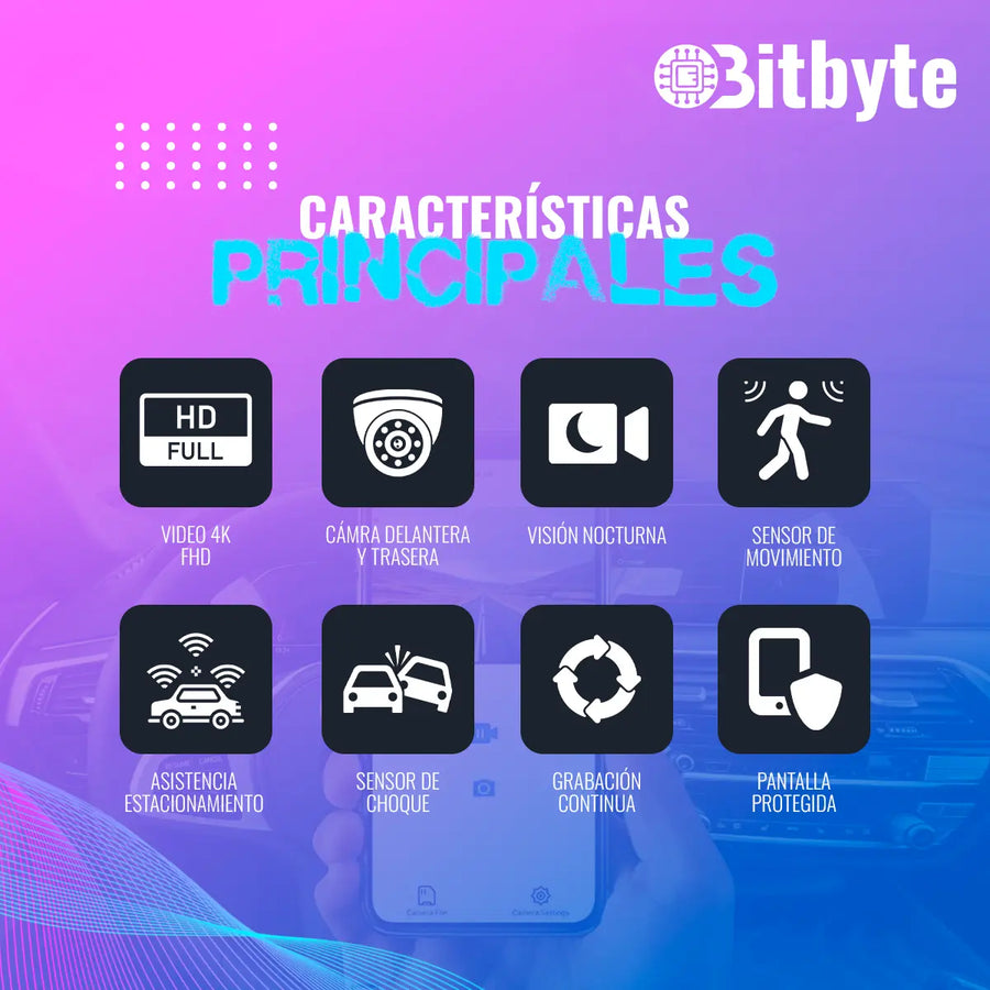 Cámara para Auto Doble Dash Cam Bitbyte 4k Retroceso + App - Tokstock