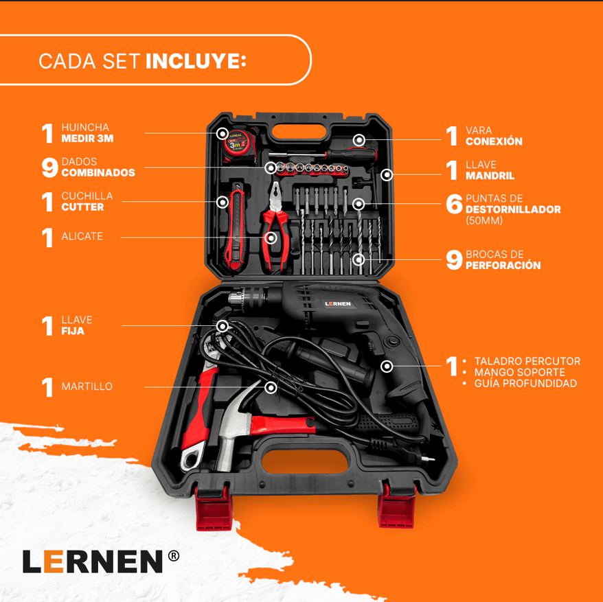 Taladro Percutor Eléctrico 13mm LERNEN + Accesorios