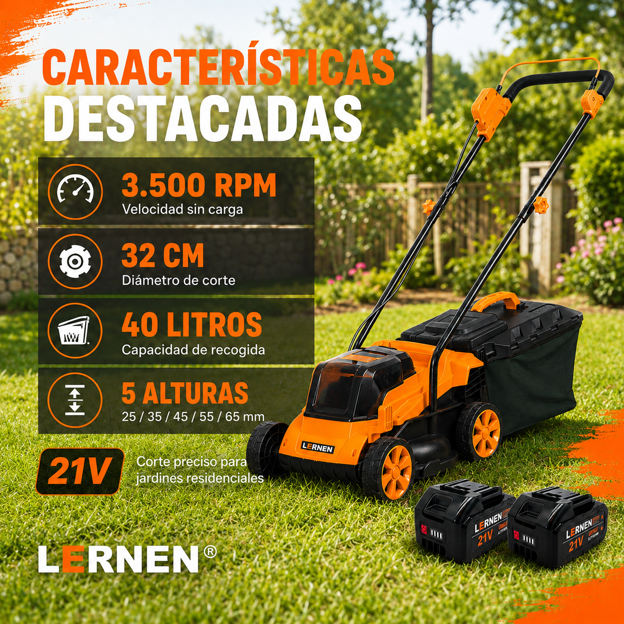 Cortadora de Pasto Inalámbrica LERNEN 1.400W 40L + 2 Baterías 4000 mAh