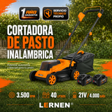 Cortadora de Pasto Inalámbrica LERNEN 1.400W 40L + 2 Baterías 4000 mAh