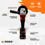 Esmeril angular inalámbrico de 125 mm + 8 Discos + 2 Baterías Lernen