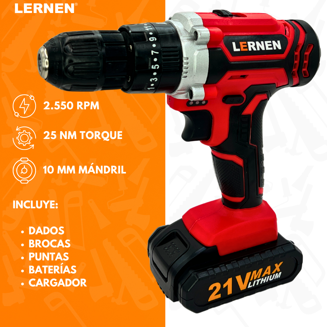 Taladro Percutor Destornillador Inalámbrico 21v LERNEN + 2 baterías + Acc + Maleta