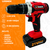 Taladro Percutor Destornillador Inalámbrico 21v LERNEN + 2 baterías + Acc + Maleta