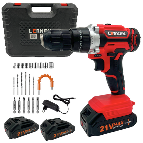 Taladro Percutor Destornillador Inalámbrico 21v LERNEN + 2 baterías + Acc + Maleta