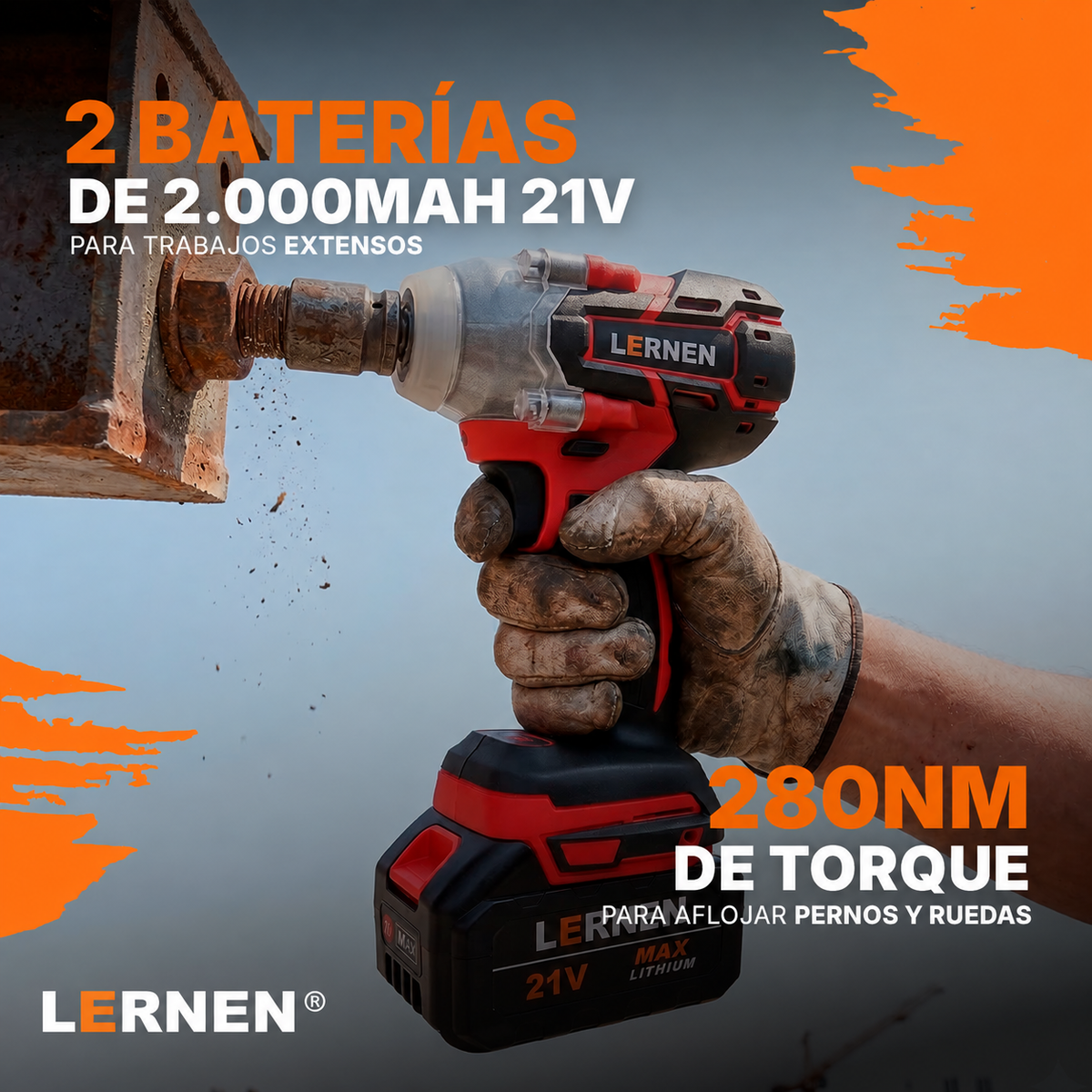 Llave Impacto 1/2" Inalámbrica LERNEN 21V + 2 Baterías + Acc