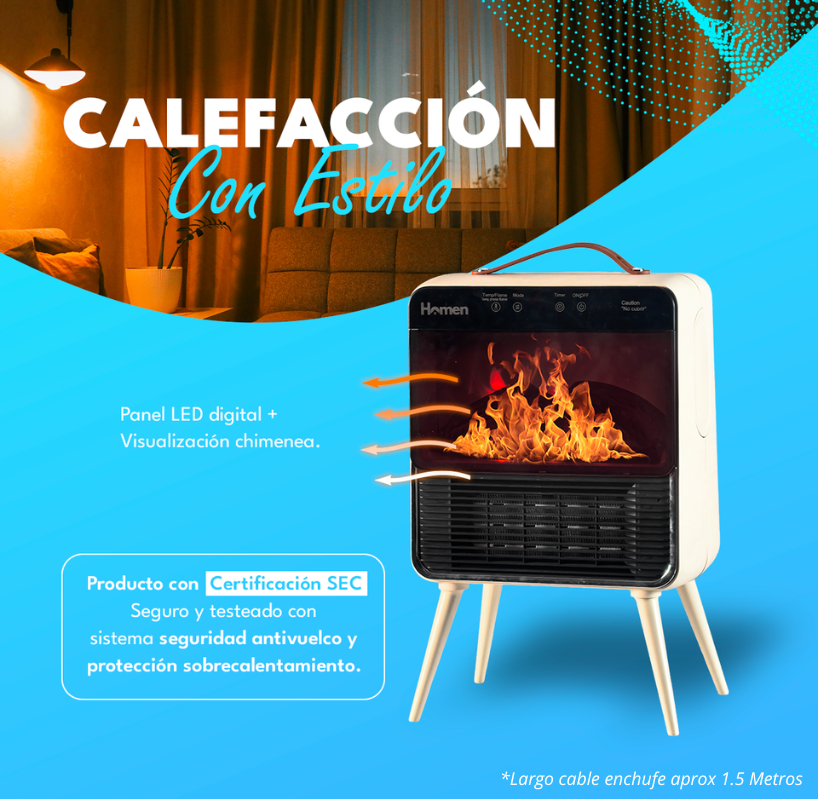 Estufa Calefactor Eléctrico Homen Retro Chimenea 1800W con Efecto Llama