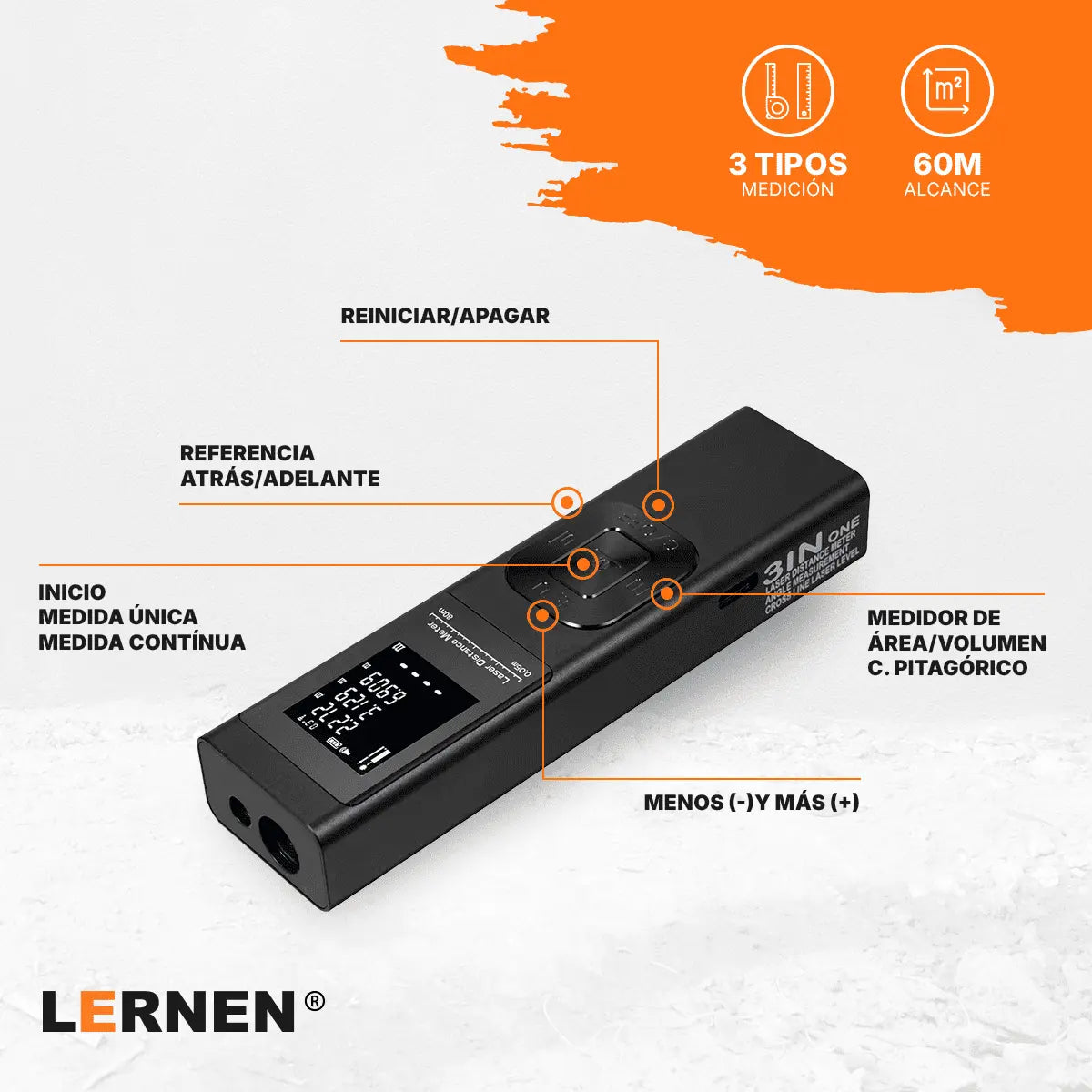 Medidor Láser Multifunción 60M 3 en 1 Lernen