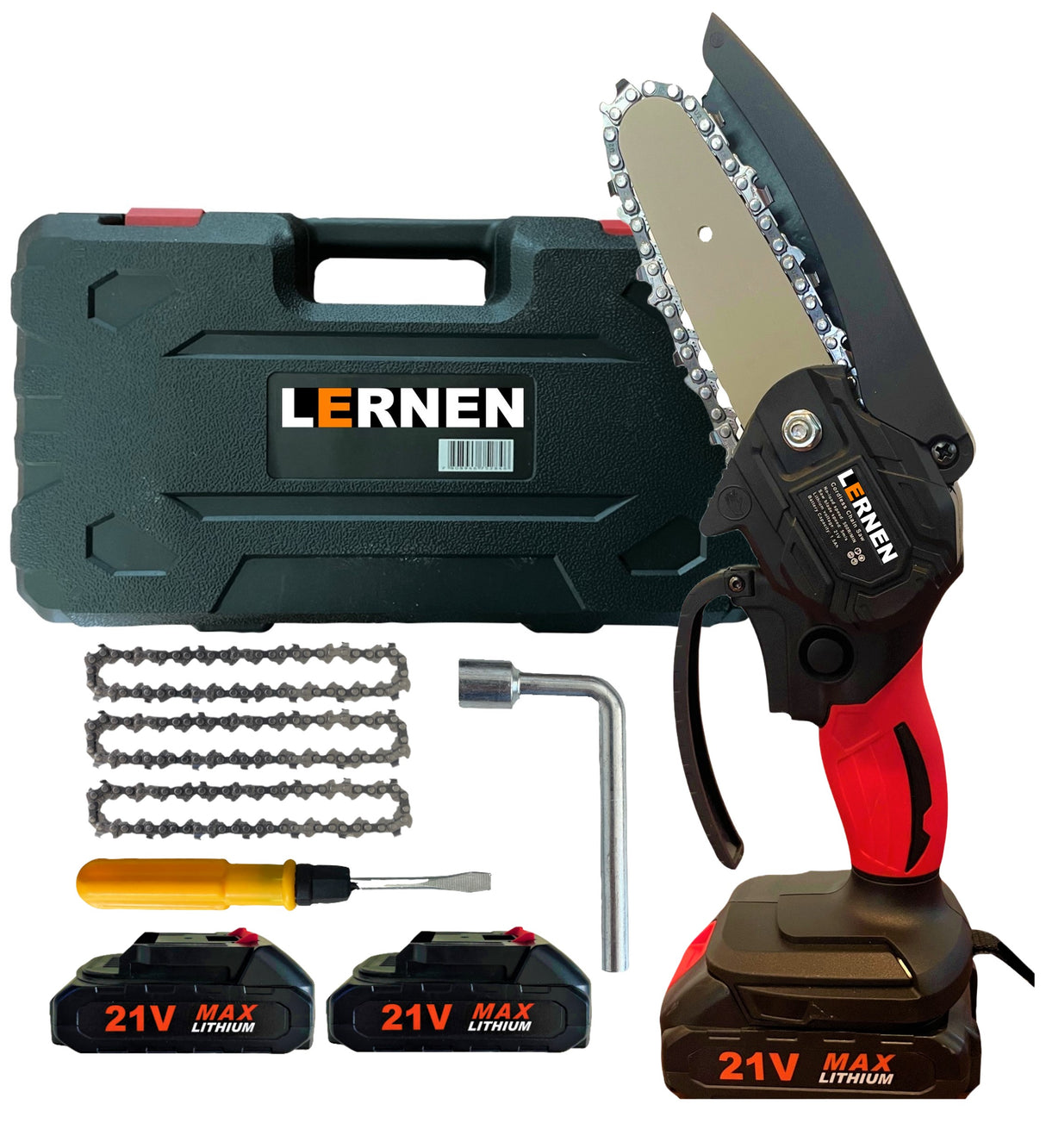 Pack Motosierra Podadora 4 Pulgadas 2 Baterías + Set De 150 Herramientas