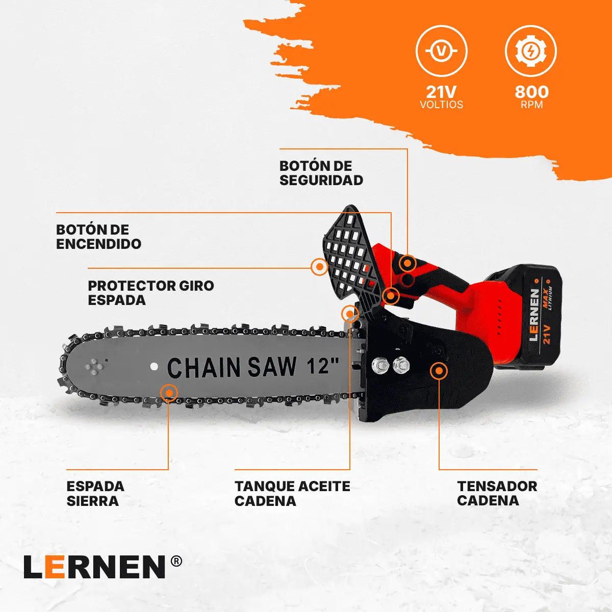 Motosierra Podadora Inalámbrica 12” LERNEN + 2 Baterías + Maletín Lernen