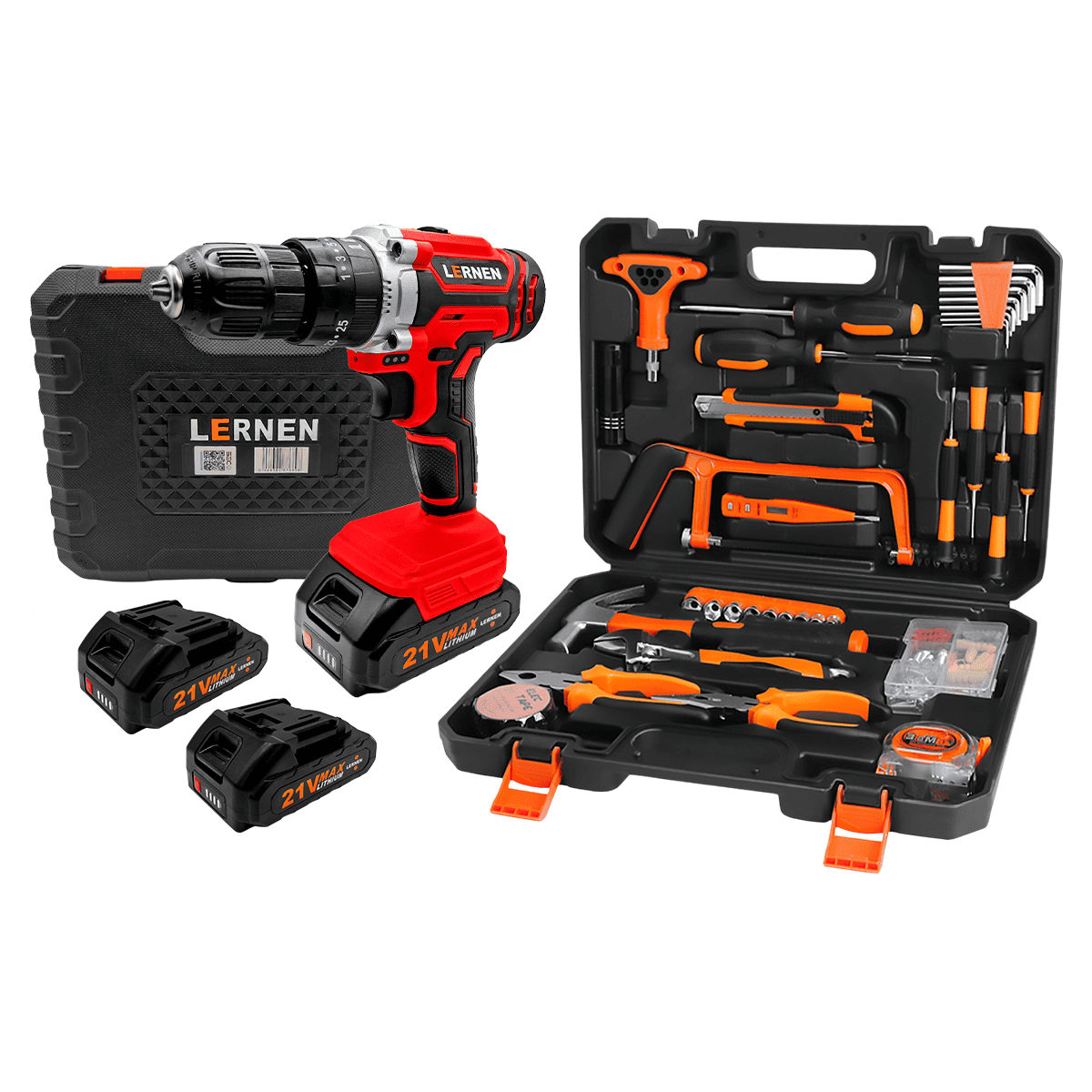 Pack Taladro Lernen Percutor Inalámbrico 2 Baterías + Set de 150 Herramientas