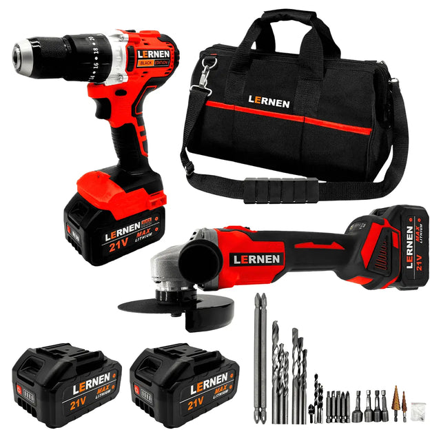 Pack Esmeril Inalámbrico 125 MM + Taladro Percutor Brushless + 2 Baterías + Accesorios Lernen