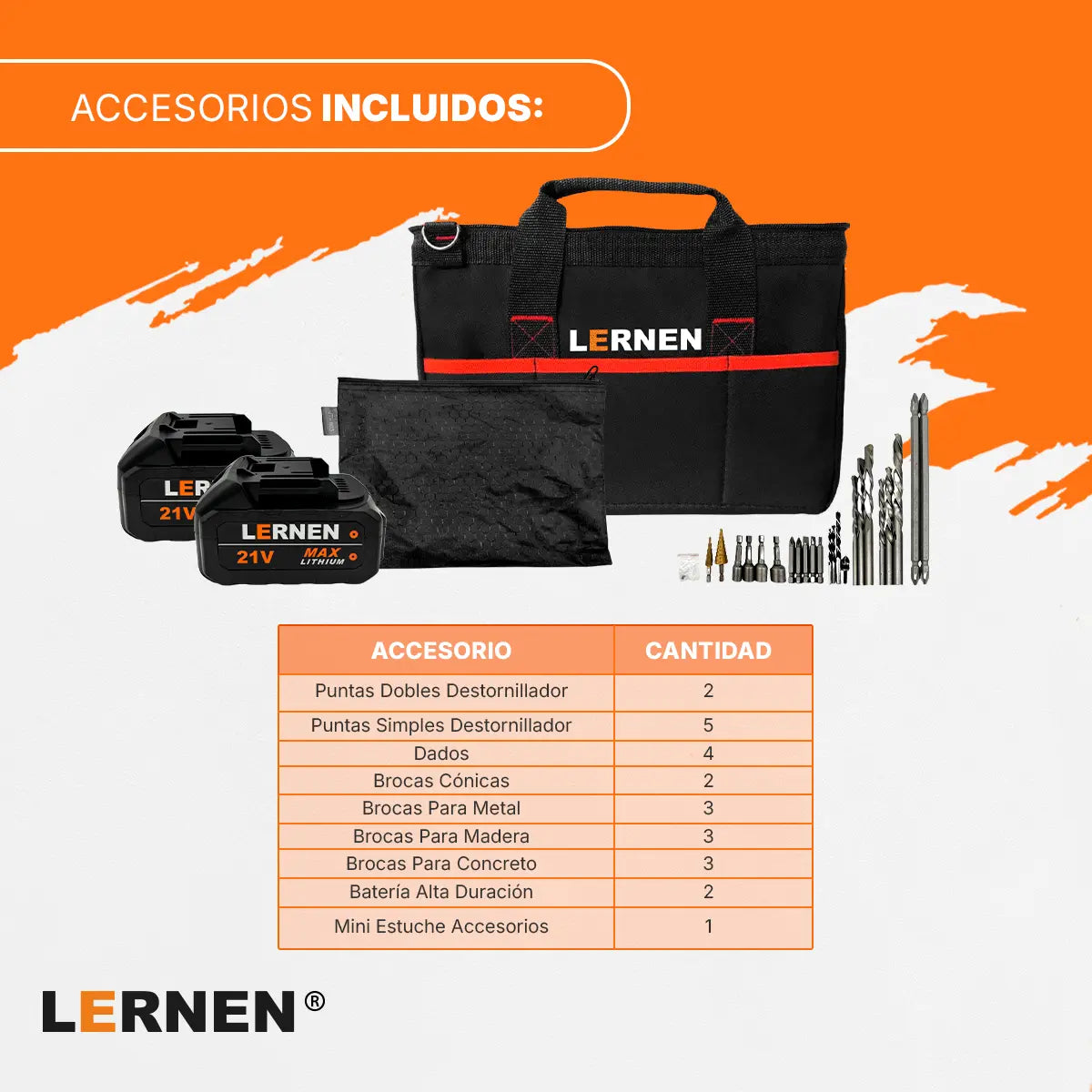 Pack Esmeril Inalámbrico 125 MM + Taladro Percutor Brushless + 2 Baterías + Accesorios Lernen