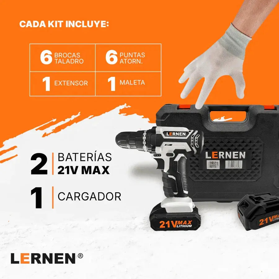 Pack Taladro Inalámbrico 21v 2baterías + Set Herramientas Lernen