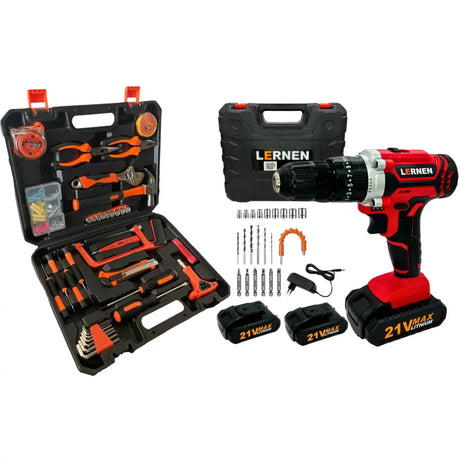 Pack Taladro Lernen Percutor Inalámbrico 2 Baterías + Set de 150 Herramientas