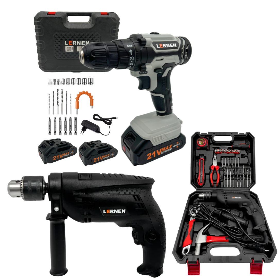Pack Taladro Inalámbrico 2 Baterías + Taladro Percutor Lernen