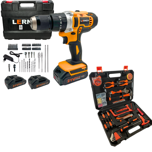 Pack Taladro Inalámbrico Percutor 13 Mm + 2 Baterías + Set 150 Herramientas Lernen