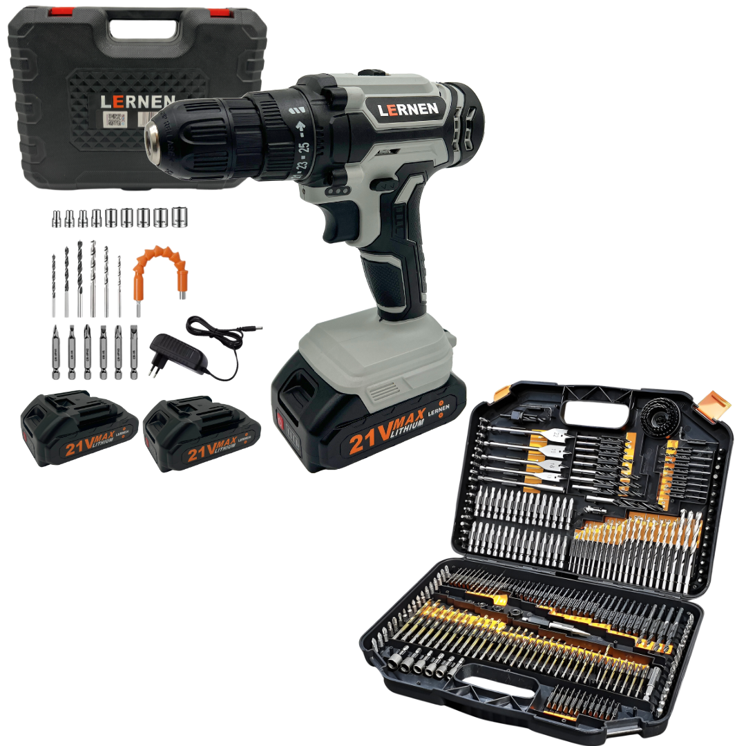 Taladro Desatornillador Inalámbrico 2 Baterías + Set 246 Brocas Lernen