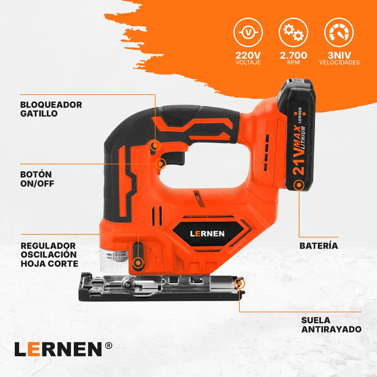 Sierra Caladora Inalámbrica 21v + Accesorios Lernen