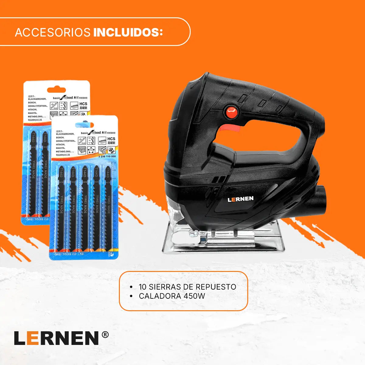 Sierra Caladora LERNEN - 400w 3000 Rpm Cuchillo 55mm + 10 Sierras Lernen