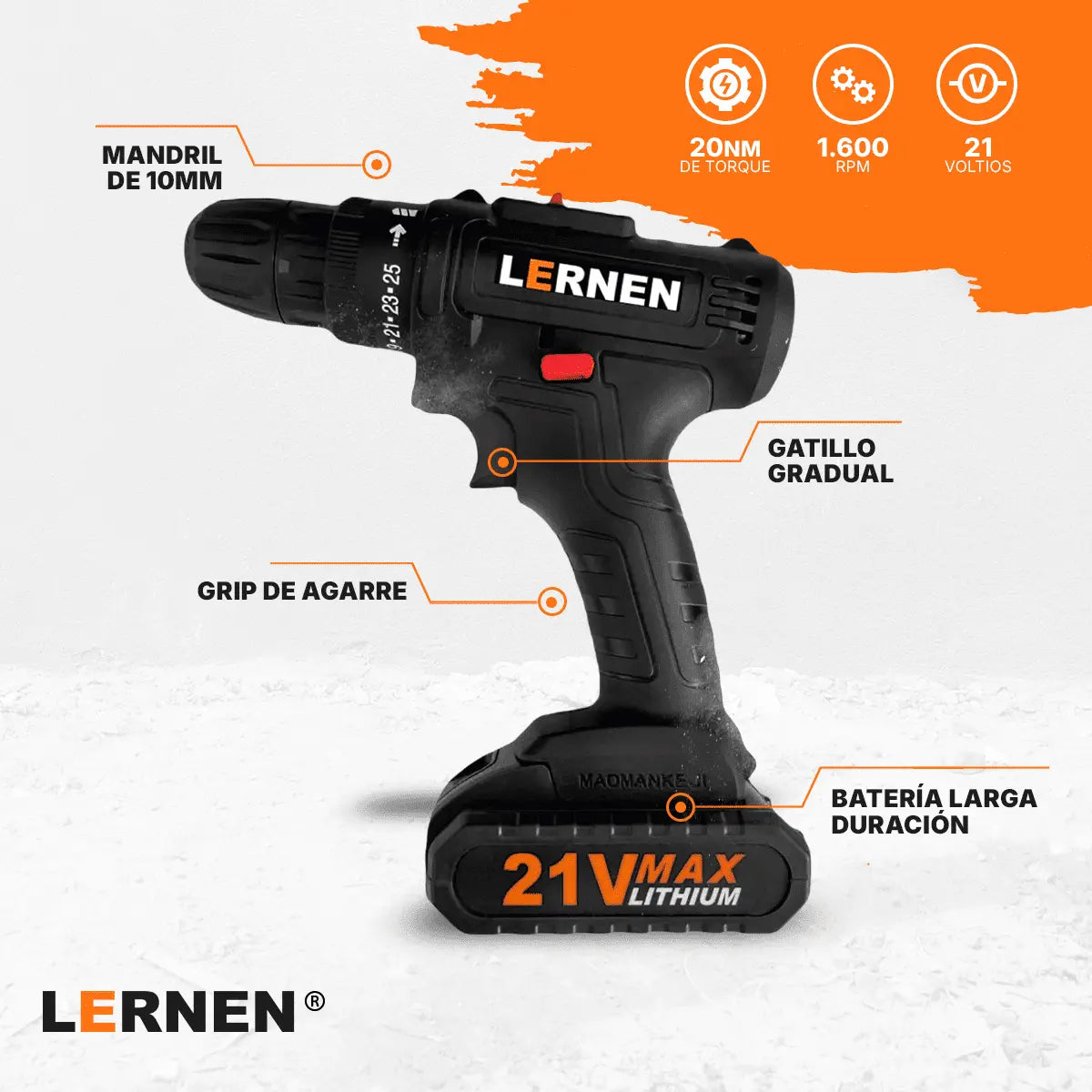 Taladro Destornillador Inalámbrico LERNEN + 1 Batería + Acc Lernen