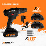 Taladro Destornillador Inalámbrico LERNEN + 2 Baterías + Acc Lernen