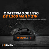 Taladro Destornillador Inalámbrico LERNEN + 2 Baterías + Acc Lernen
